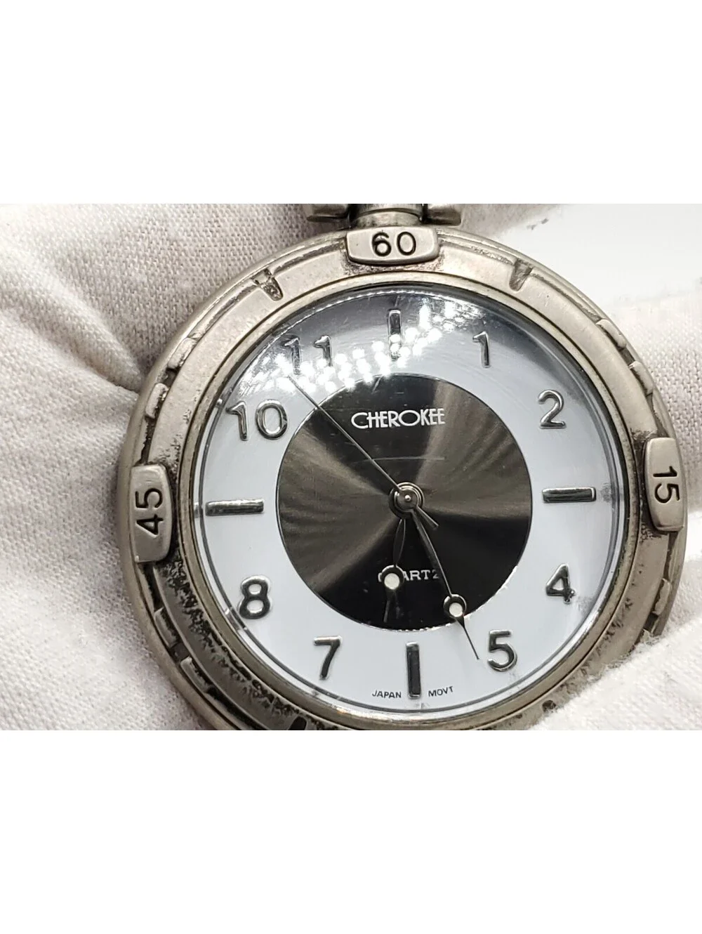 Cherokee Quartz Pocket Watch New Battery Silver Tone 47mm